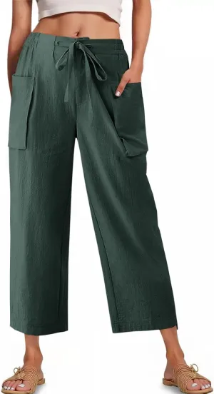 Cicy Bell Womens Wide Leg Cropped Pants Cotton Loose Drawstring Smocked Waist Beach Harem Pants with Pockets