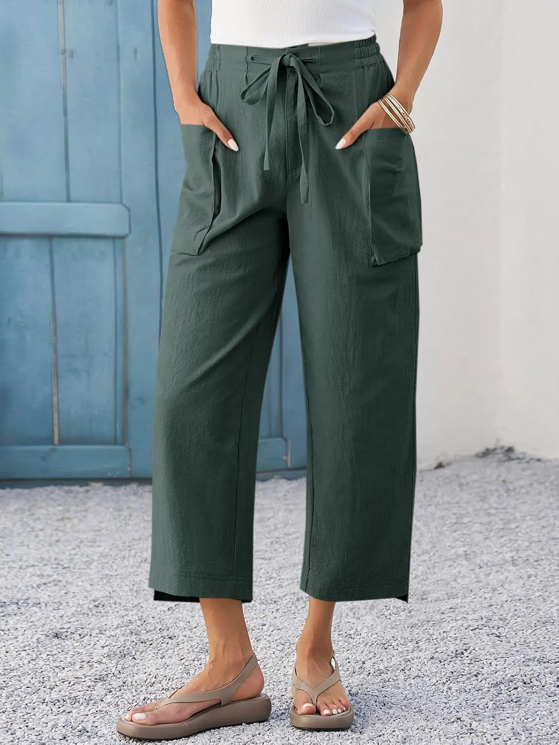 Cicy Bell Womens Wide Leg Cropped Pants Cotton Loose Drawstring Smocked Waist Beach Harem Pants with Pockets