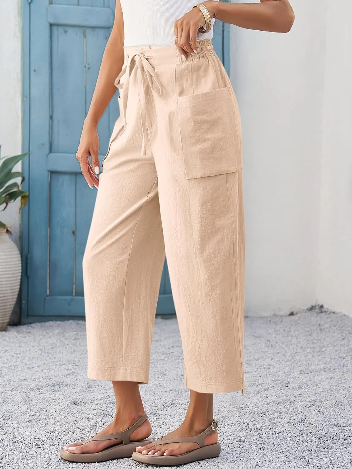 Cicy Bell Womens Wide Leg Cropped Pants Cotton Loose Drawstring Smocked Waist Beach Harem Pants with Pockets