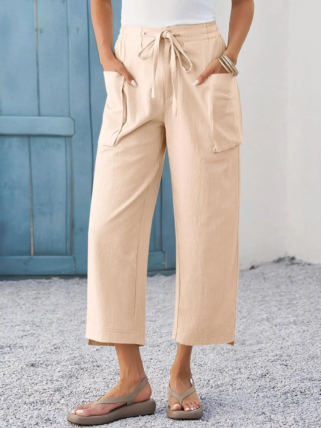 Cicy Bell Womens Wide Leg Cropped Pants Cotton Loose Drawstring Smocked Waist Beach Harem Pants with Pockets