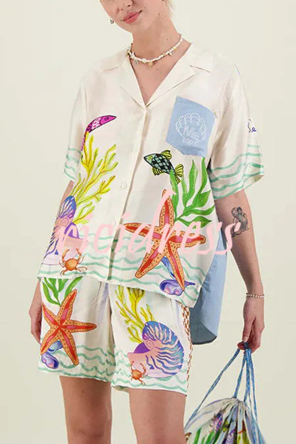 Coastal Seashell Satin Unique Print Pocket Loose Shirt and Elastic Waist Shorts Set