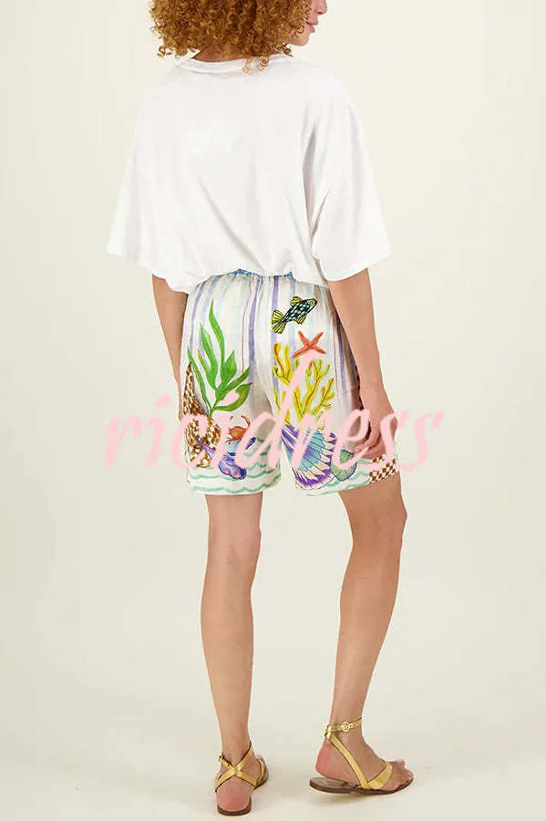Coastal Seashell Satin Unique Print Pocket Loose Shirt and Elastic Waist Shorts Set
