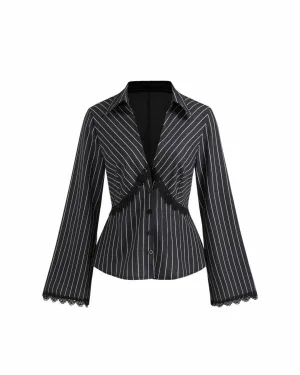 Collar Striped Lace Trim Button Long Sleeve Shirt