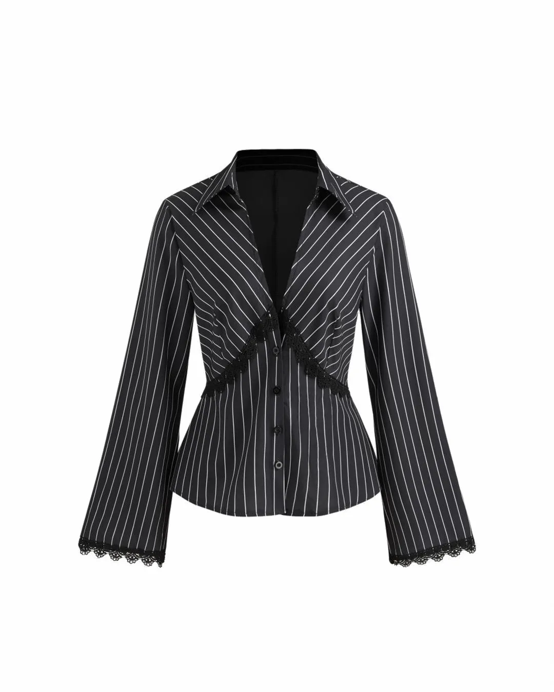 Collar Striped Lace Trim Button Long Sleeve Shirt