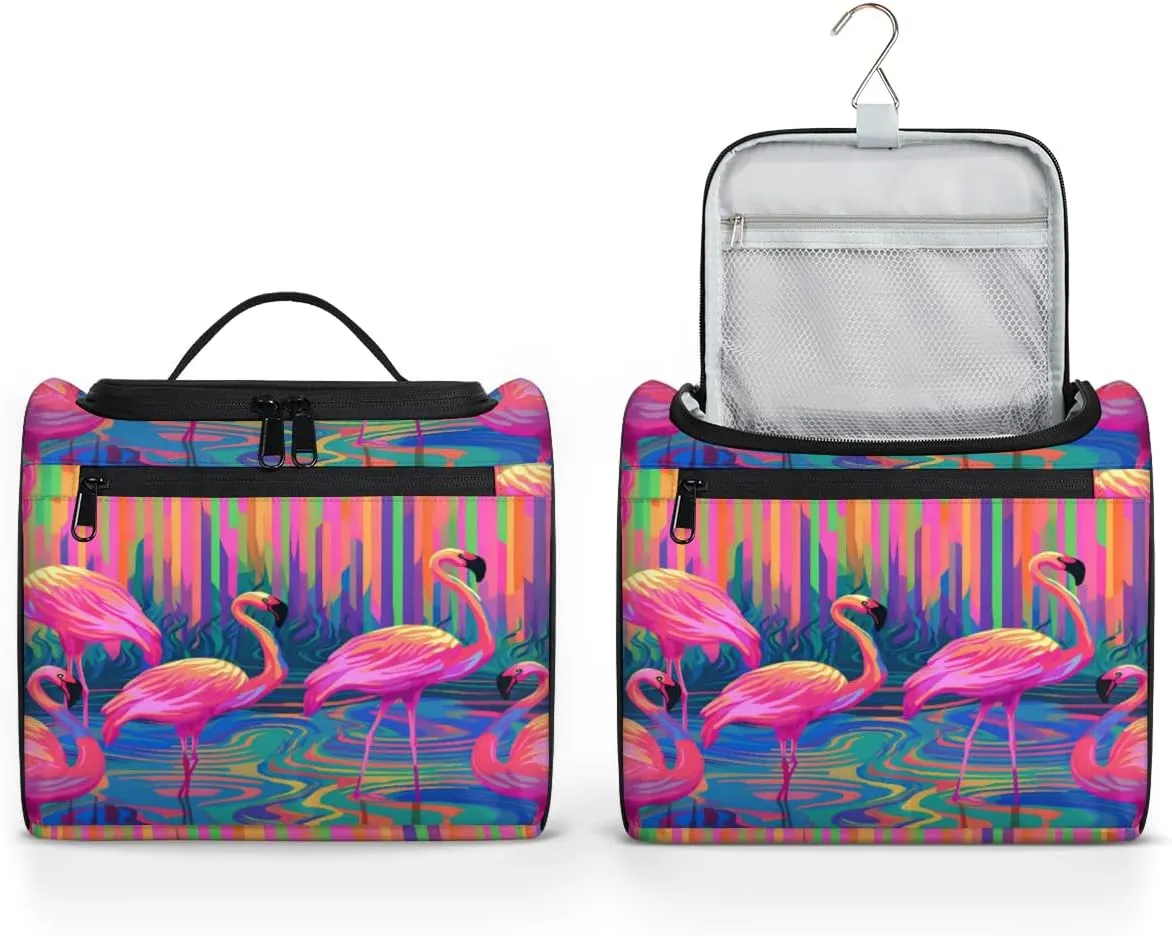 Colorful Flamingos Print Hanging Toiletry Bags Travel Makeup Bag Water-resistant Makeup Cosmetic Bag Travel Organizer