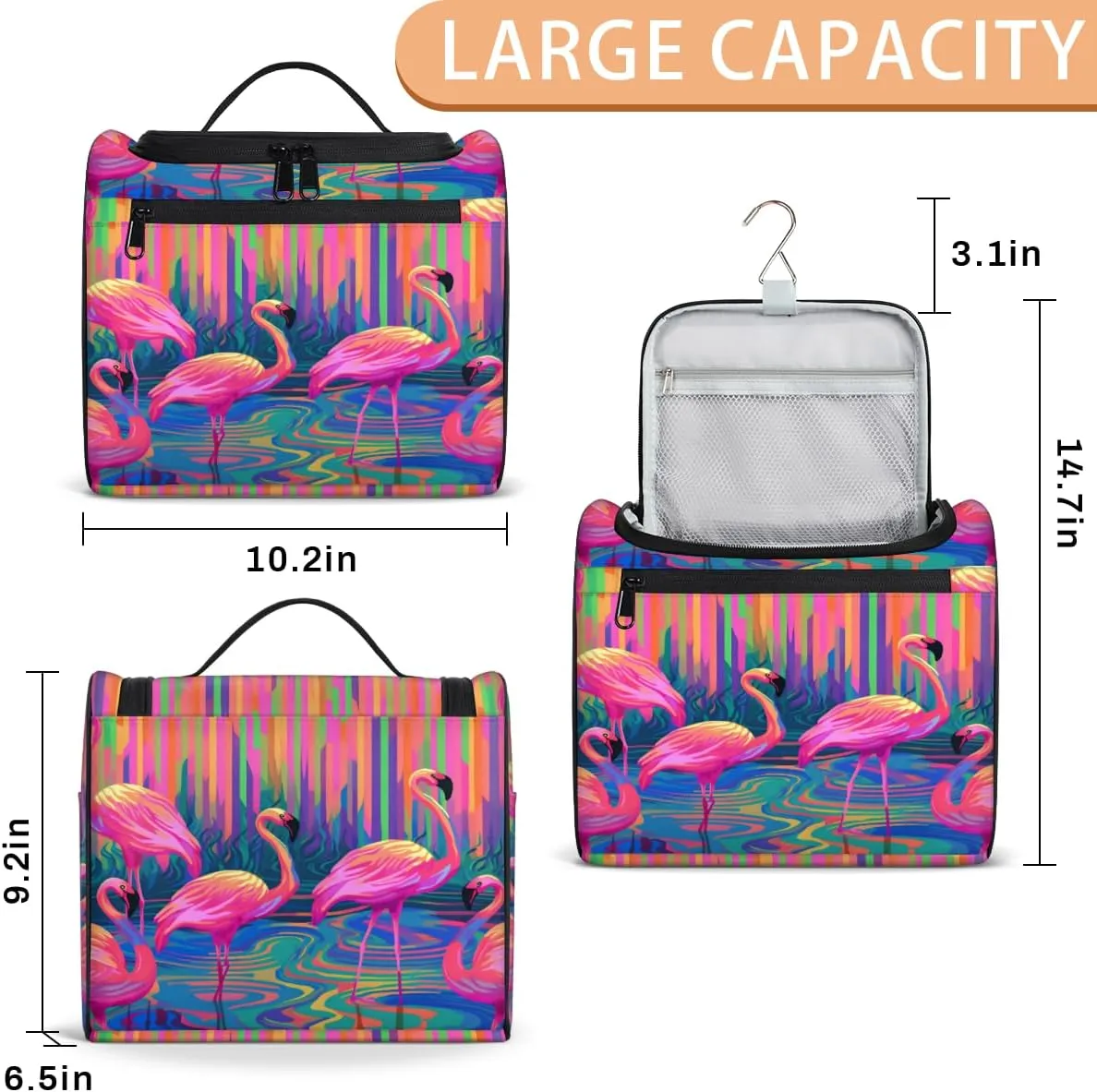Colorful Flamingos Print Hanging Toiletry Bags Travel Makeup Bag Water-resistant Makeup Cosmetic Bag Travel Organizer