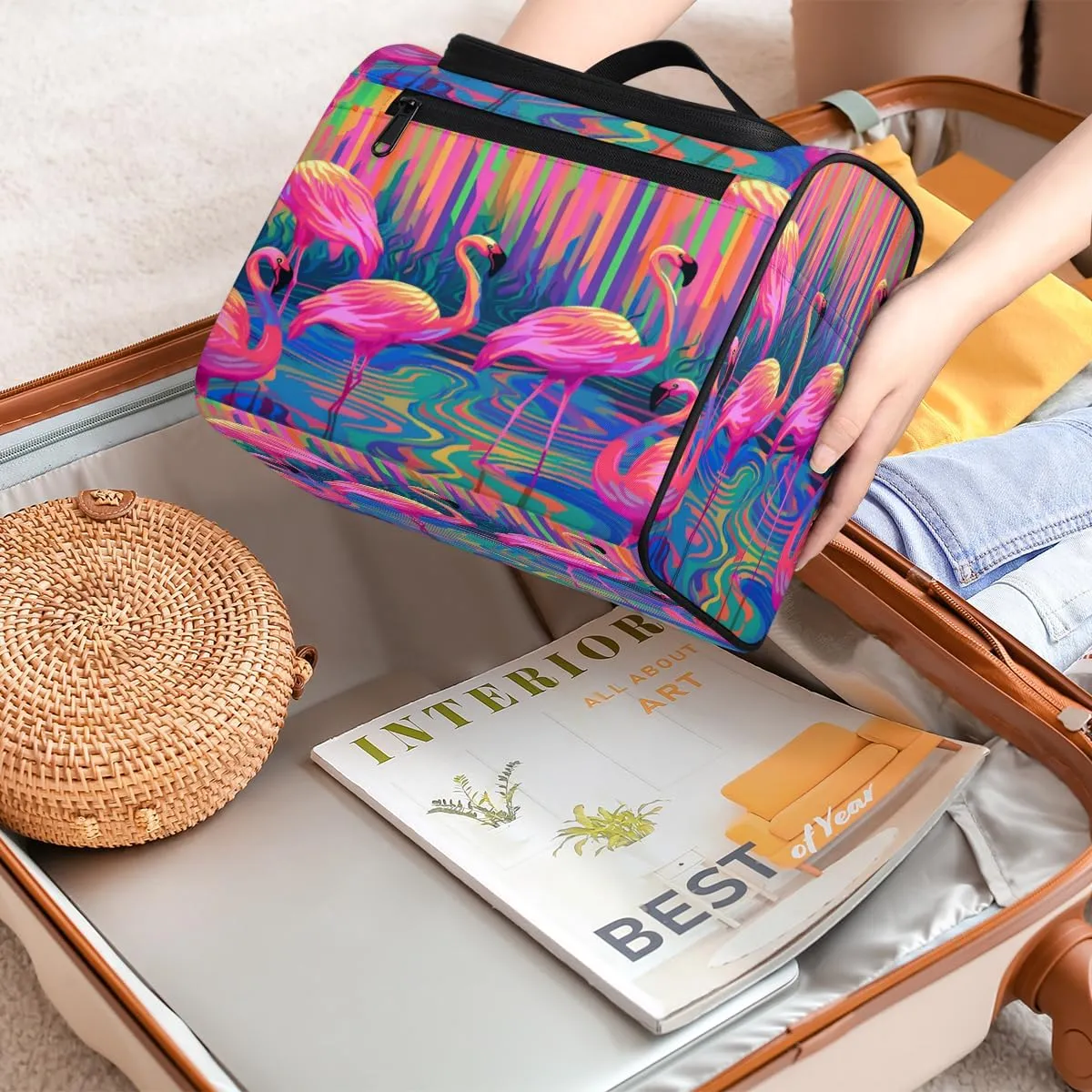 Colorful Flamingos Print Hanging Toiletry Bags Travel Makeup Bag Water-resistant Makeup Cosmetic Bag Travel Organizer