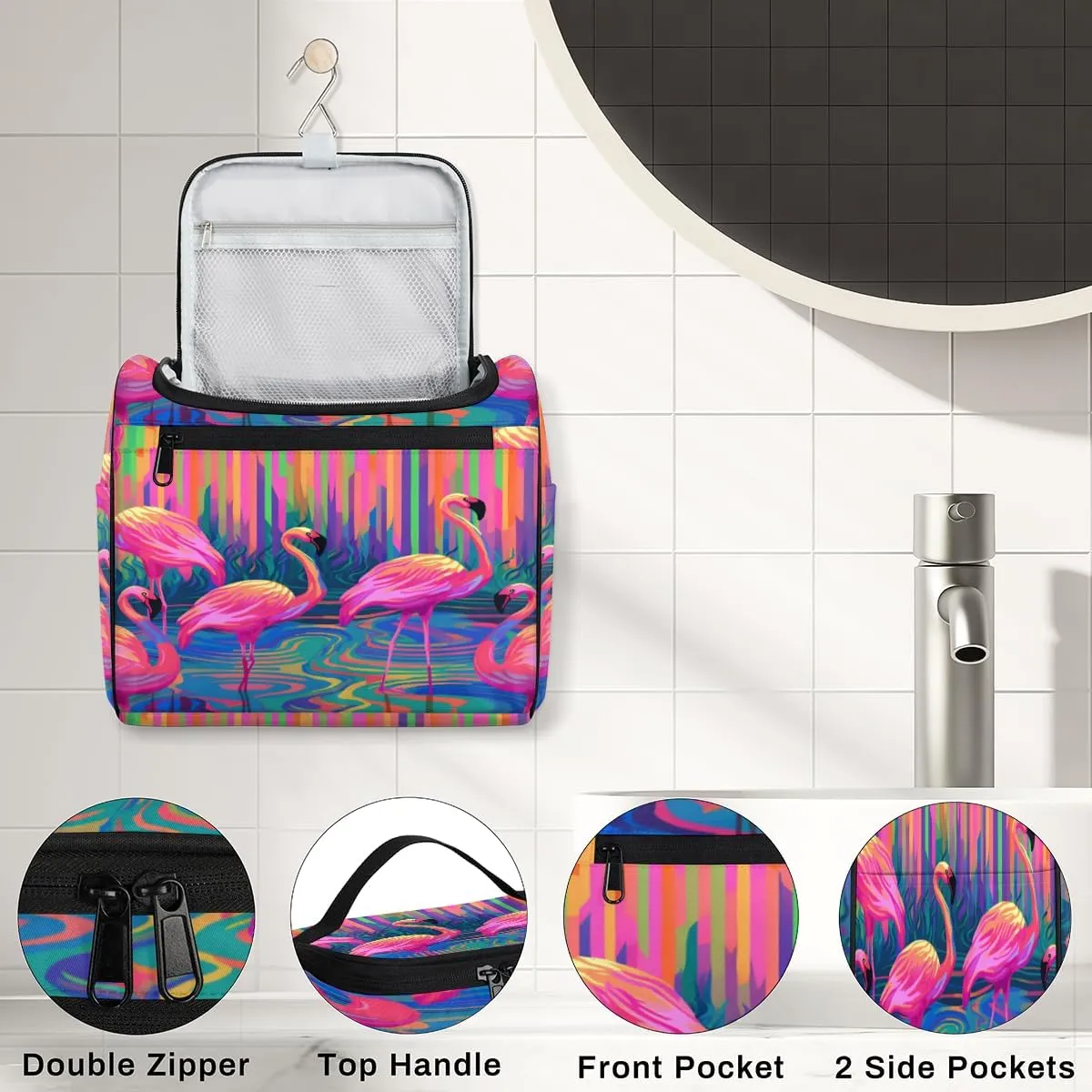 Colorful Flamingos Print Hanging Toiletry Bags Travel Makeup Bag Water-resistant Makeup Cosmetic Bag Travel Organizer