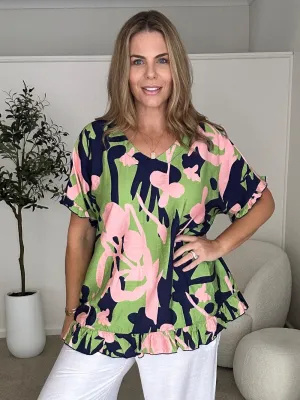 Como Ruffle Printed Top - Green