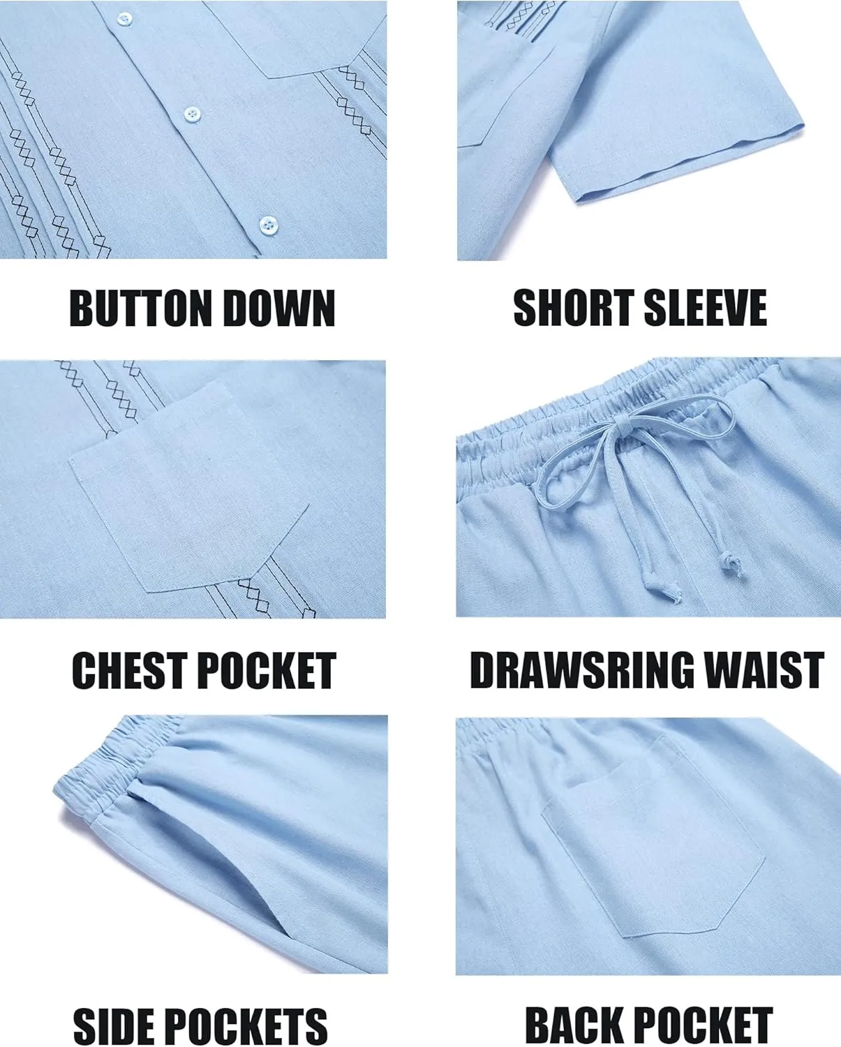 COOFANDY Men Linen Sets Outfits 2 Piece Short Sleeve Cuban Shirts Guayabera Linen Suit