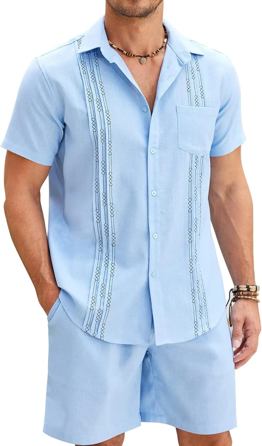 COOFANDY Men Linen Sets Outfits 2 Piece Short Sleeve Cuban Shirts Guayabera Linen Suit