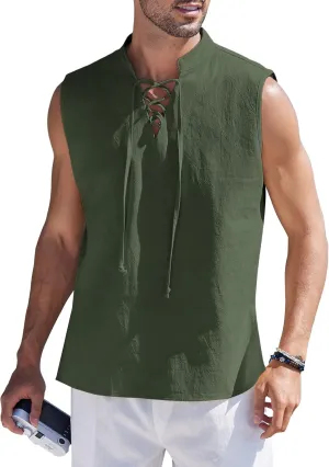 COOFANDY Men Tank Top Cotton Linen Beach Sleeveless Shirt Lace Up Bohemian Hippie Renaissance Pirate Kilt Medieval Tunic