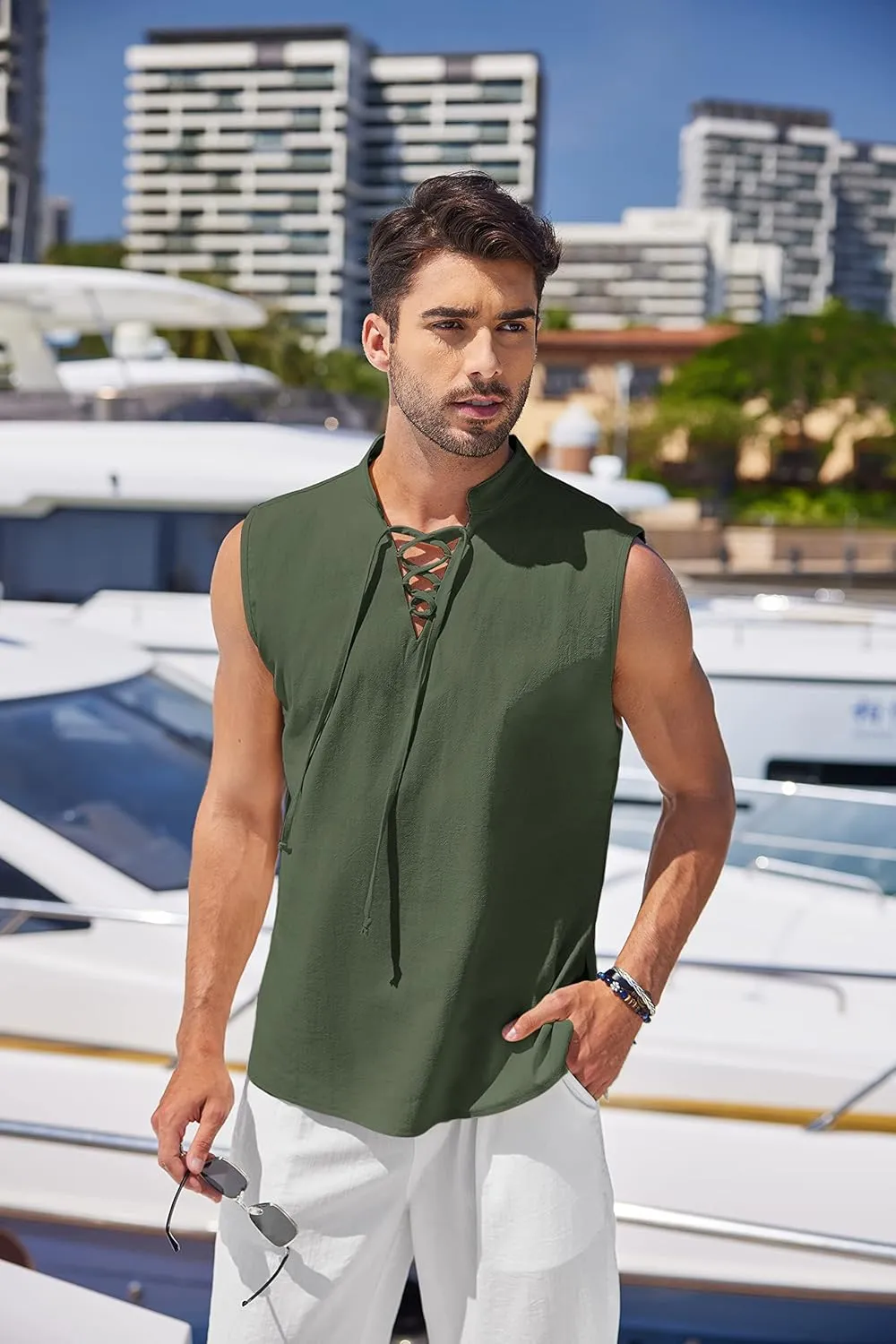 COOFANDY Men Tank Top Cotton Linen Beach Sleeveless Shirt Lace Up Bohemian Hippie Renaissance Pirate Kilt Medieval Tunic