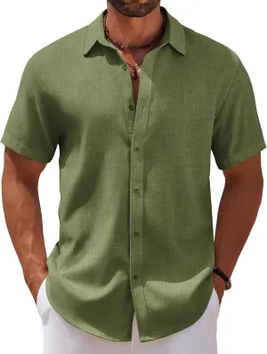COOFANDY Men's Casual Summer Beach Shirt Short Sleeve Button Down Shirt Vacation Wedding Shirt Linen Textured Shirts