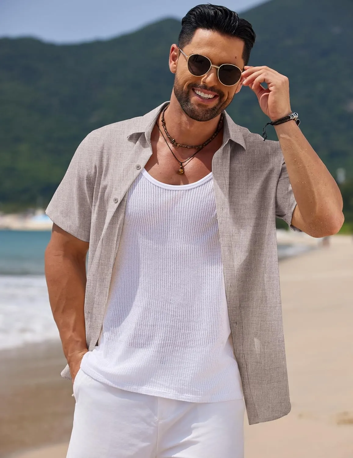 COOFANDY Men's Casual Summer Beach Shirt Short Sleeve Button Down Shirt Vacation Wedding Shirt Linen Textured Shirts