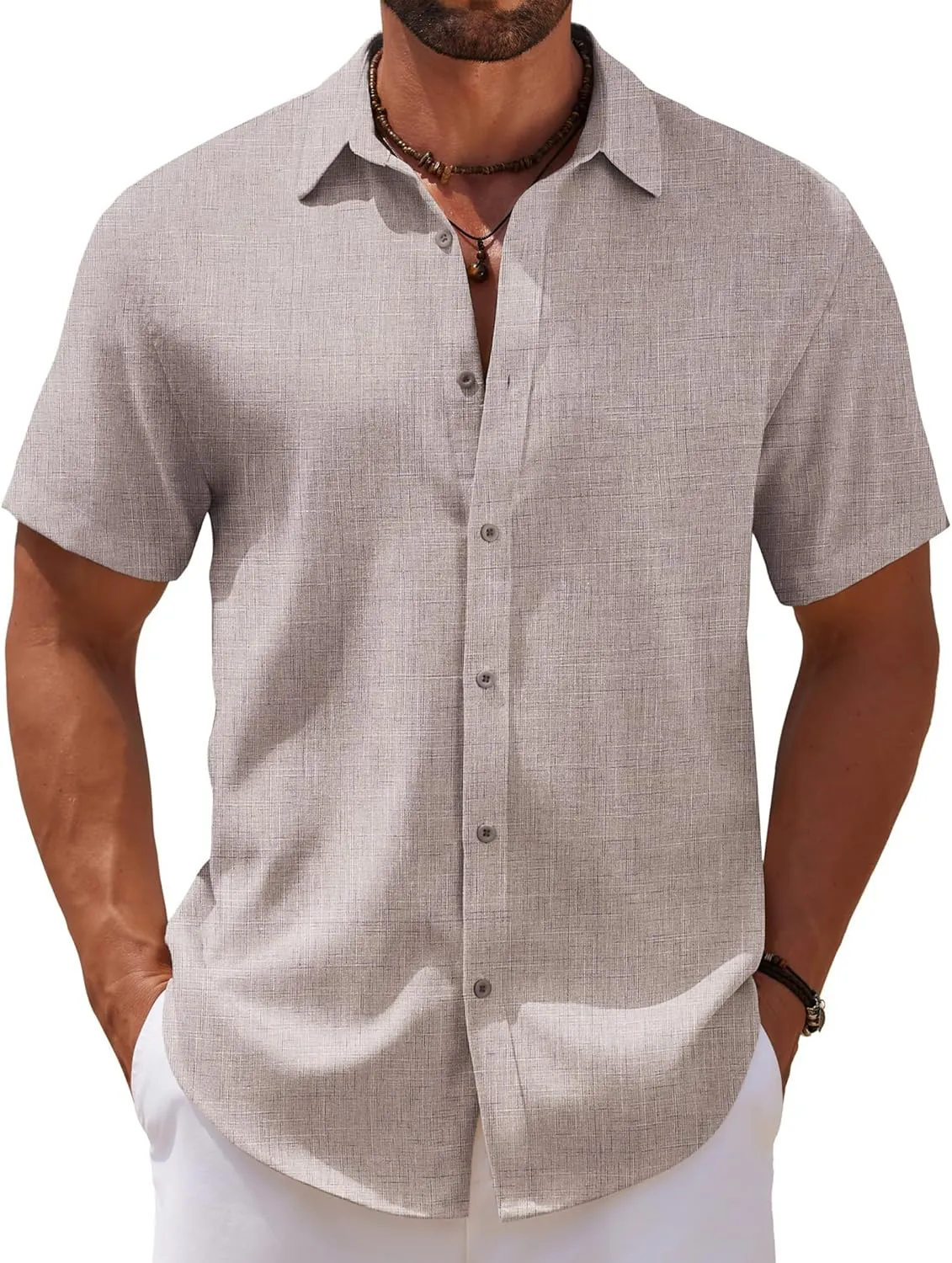 COOFANDY Men's Casual Summer Beach Shirt Short Sleeve Button Down Shirt Vacation Wedding Shirt Linen Textured Shirts