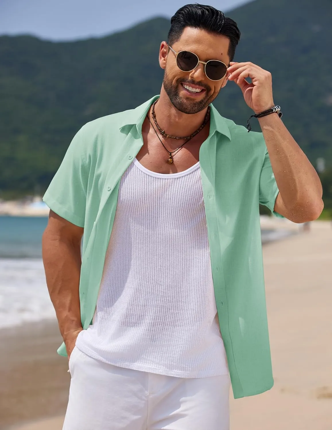 COOFANDY Men's Casual Summer Beach Shirt Short Sleeve Button Down Shirt Vacation Wedding Shirt Linen Textured Shirts
