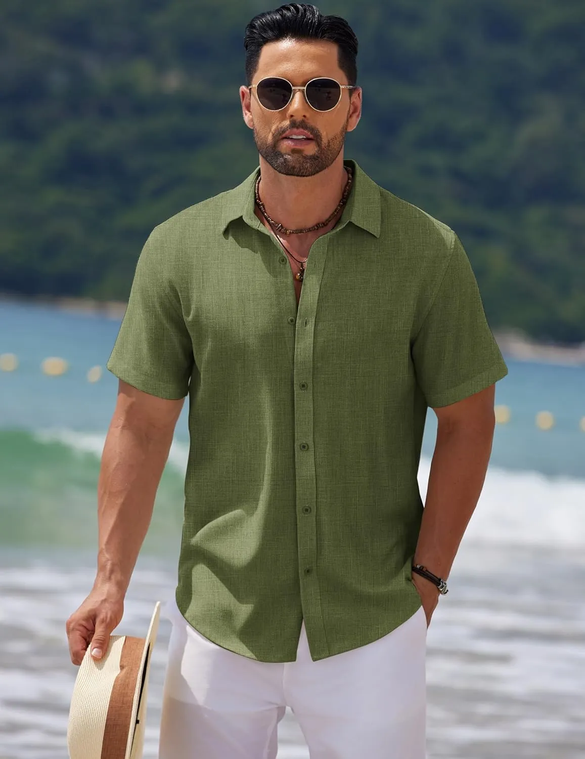 COOFANDY Men's Casual Summer Beach Shirt Short Sleeve Button Down Shirt Vacation Wedding Shirt Linen Textured Shirts