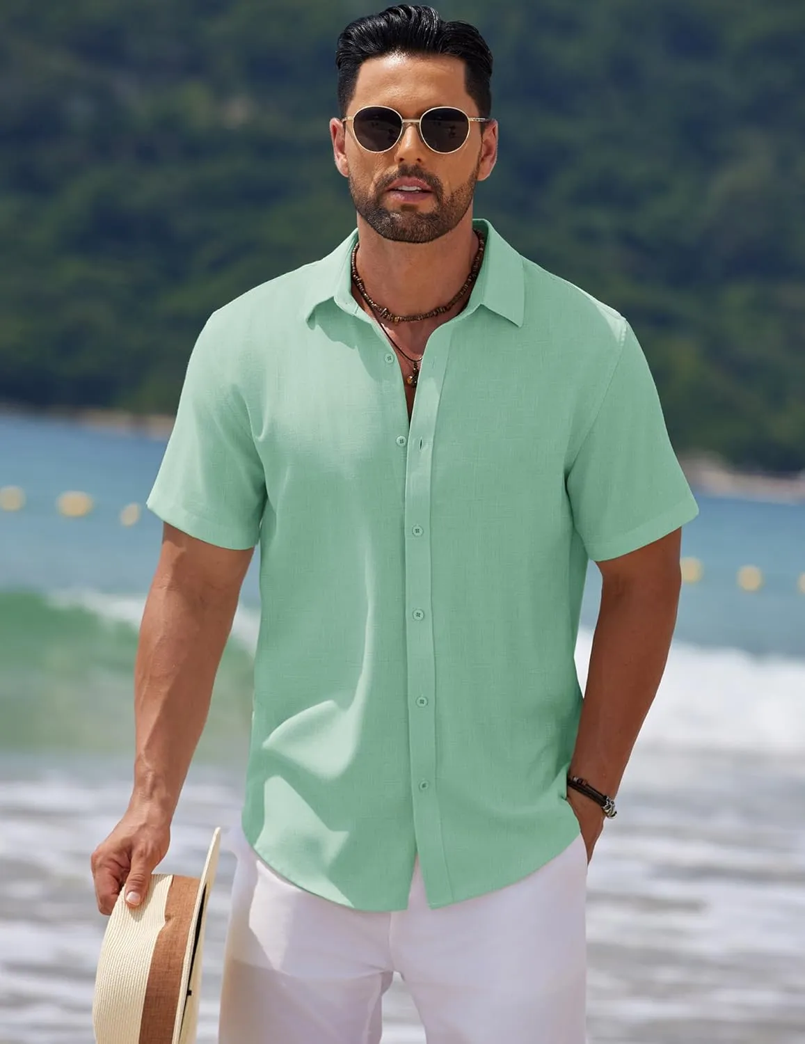 COOFANDY Mens Casual Summer Beach Shirt Short Sleeve Button Down Shirt Vacation Wedding Shirt Linen Textured Shirts