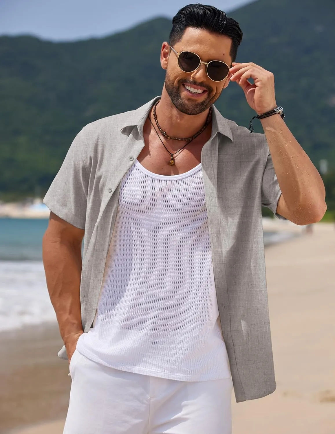 COOFANDY Men's Casual Summer Beach Shirt Short Sleeve Button Down Shirt Vacation Wedding Shirt Linen Textured Shirts