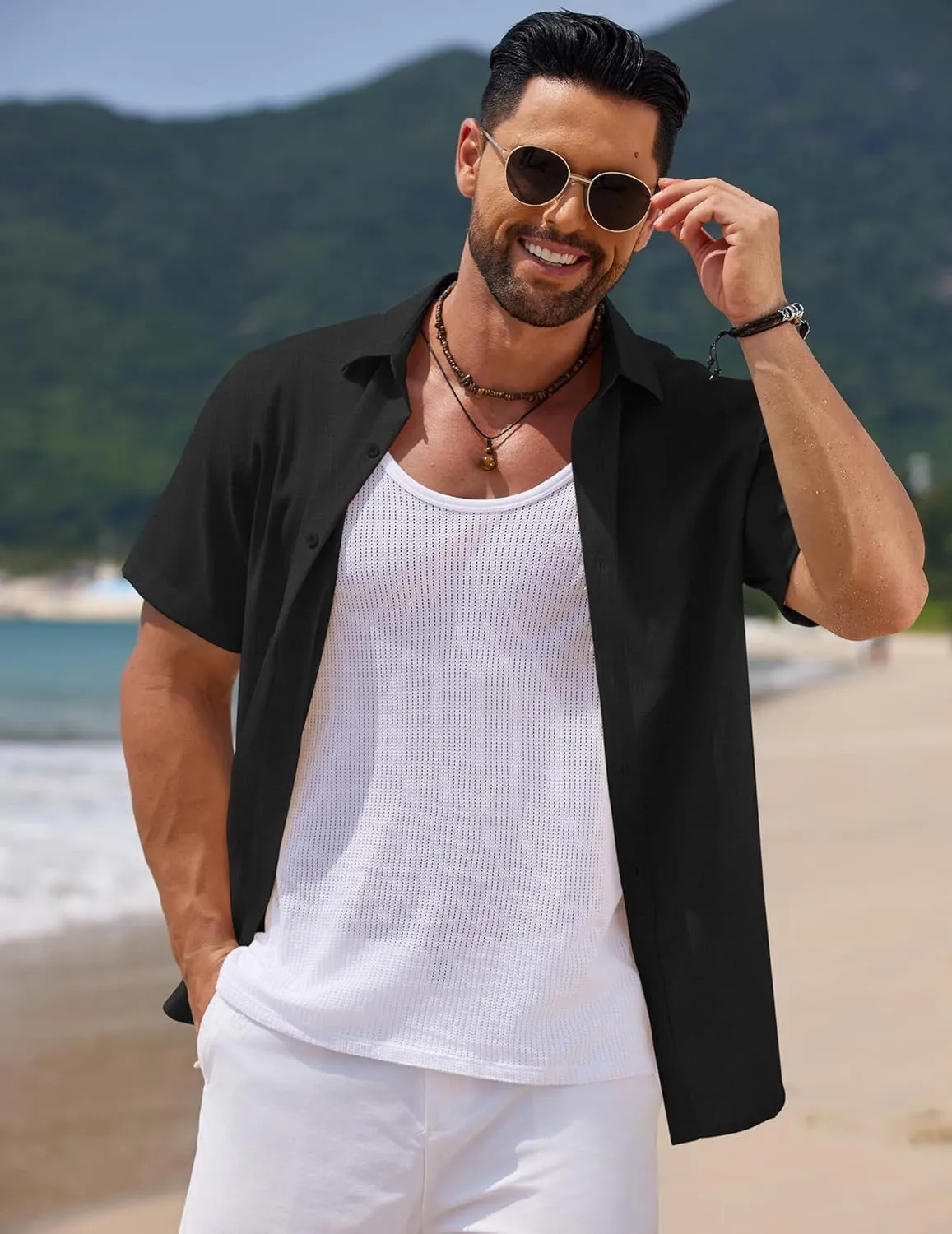 COOFANDY Men's Casual Summer Beach Shirt Short Sleeve Button Down Shirt Vacation Wedding Shirt Linen Textured Shirts
