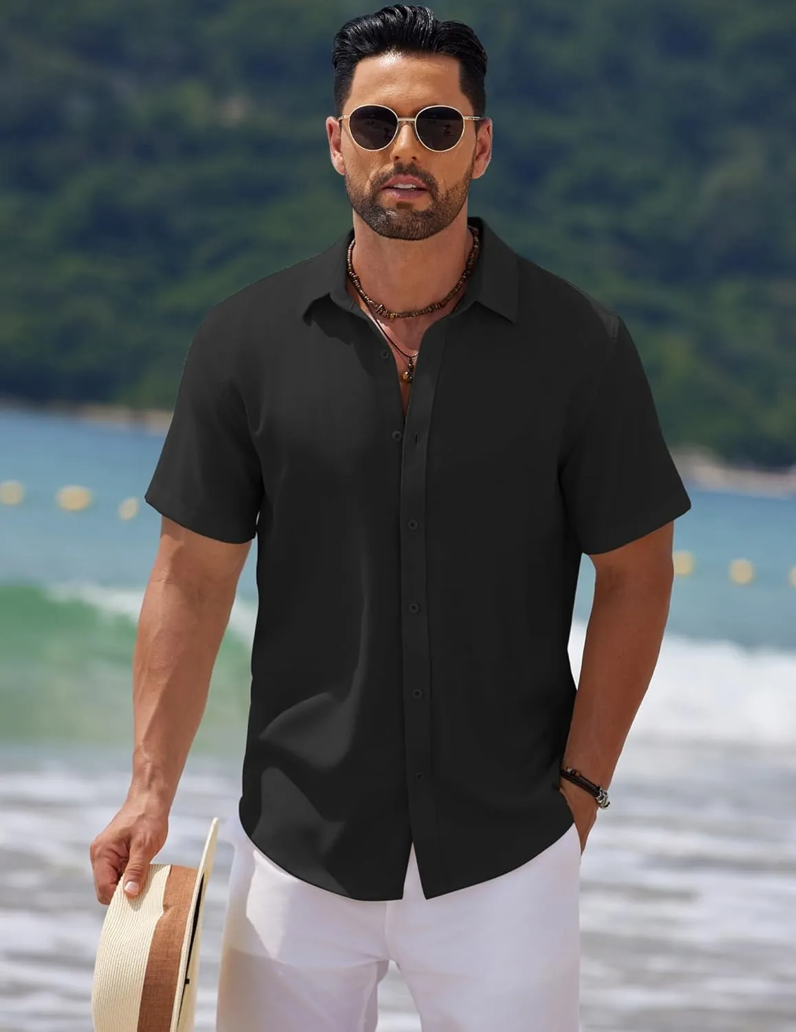 COOFANDY Men's Casual Summer Beach Shirt Short Sleeve Button Down Shirt Vacation Wedding Shirt Linen Textured Shirts