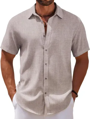 COOFANDY Men's Casual Summer Beach Shirt Short Sleeve Button Down Shirt Vacation Wedding Shirt Linen Textured Shirts