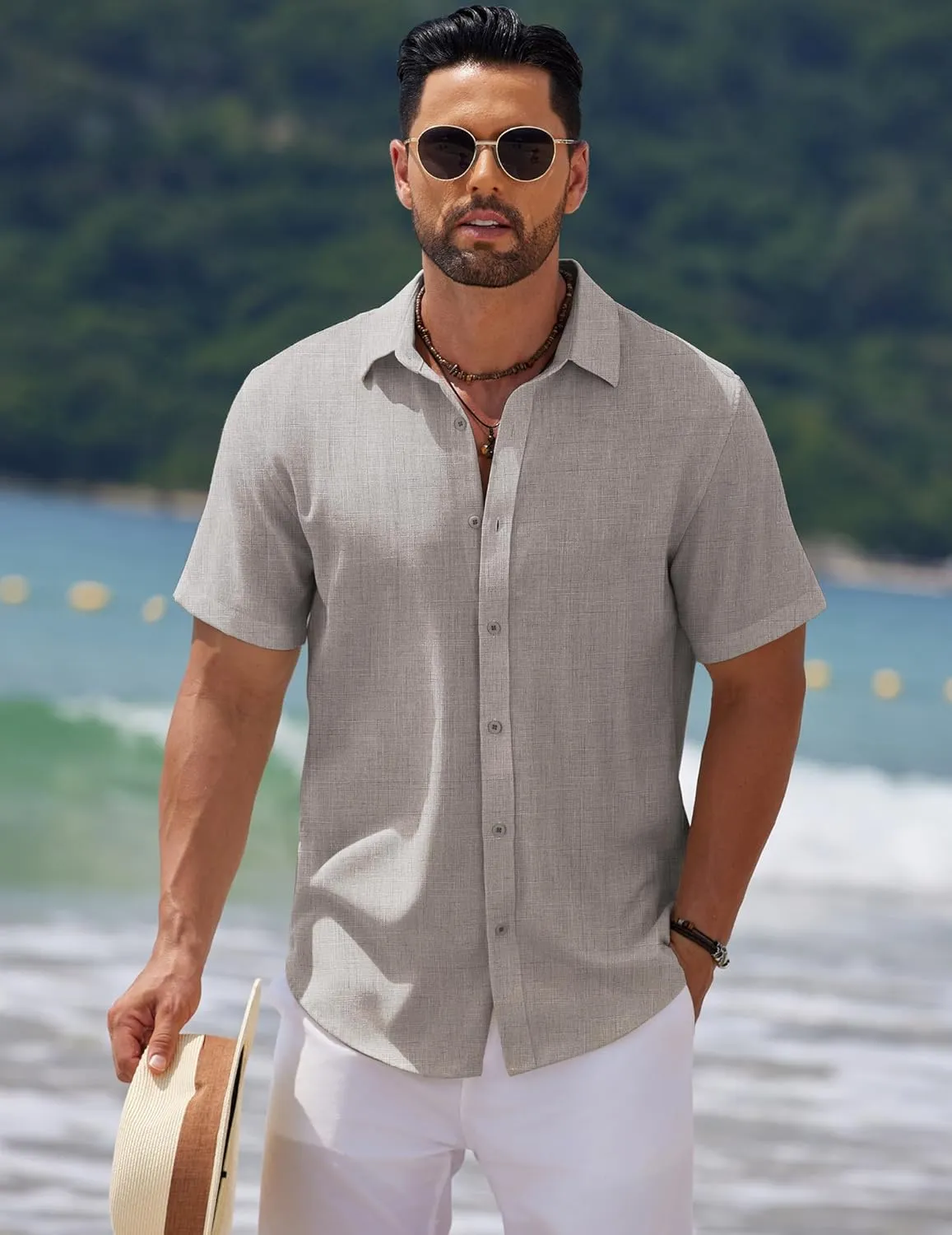 COOFANDY Men's Casual Summer Beach Shirt Short Sleeve Button Down Shirt Vacation Wedding Shirt Linen Textured Shirts
