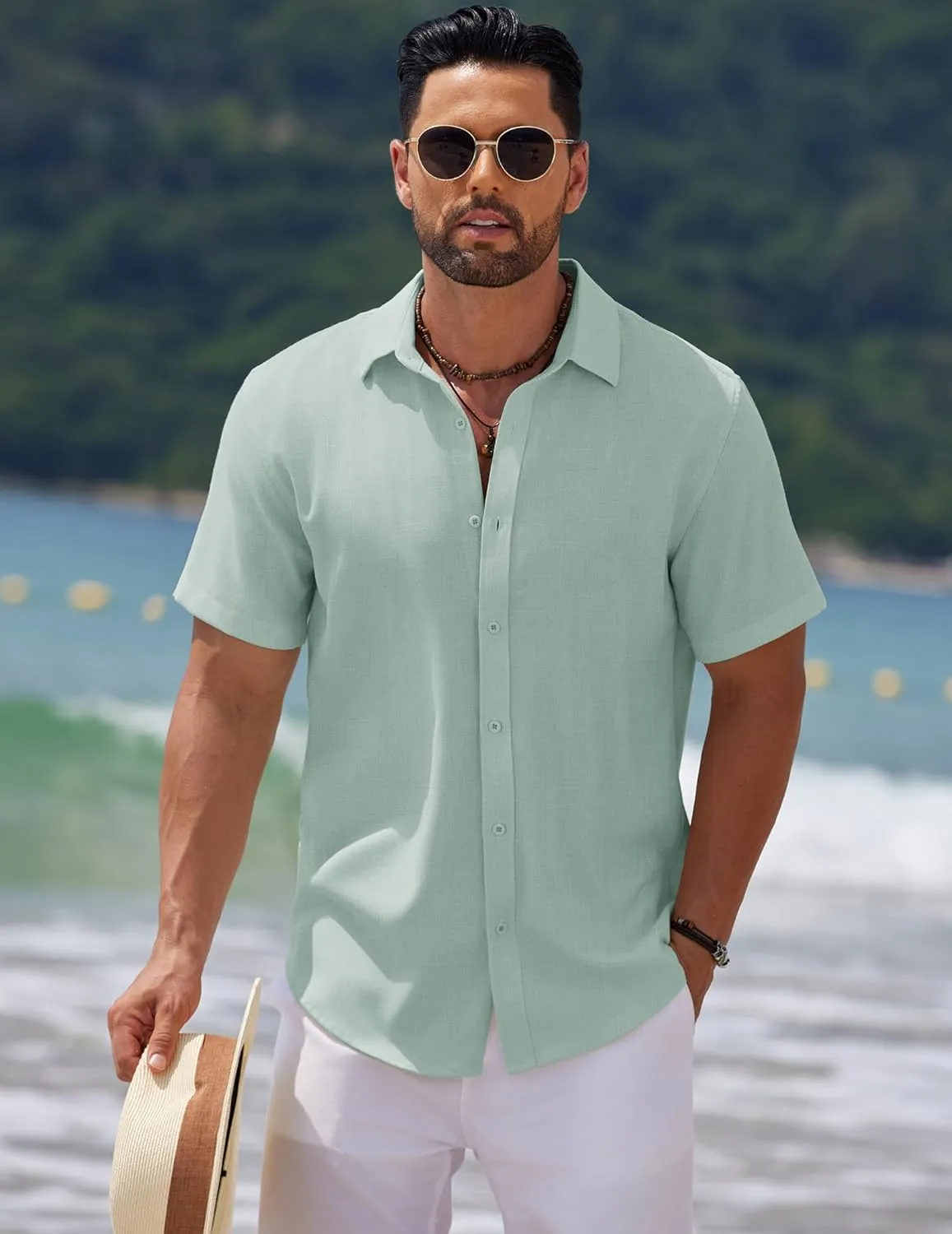 COOFANDY Mens Casual Summer Beach Shirt Short Sleeve Button Down Shirt Vacation Wedding Shirt Linen Textured Shirts