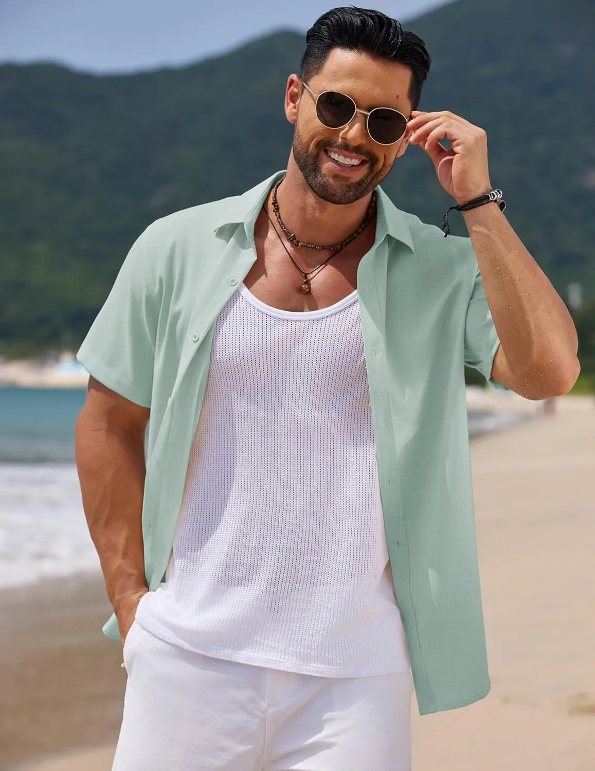 COOFANDY Mens Casual Summer Beach Shirt Short Sleeve Button Down Shirt Vacation Wedding Shirt Linen Textured Shirts