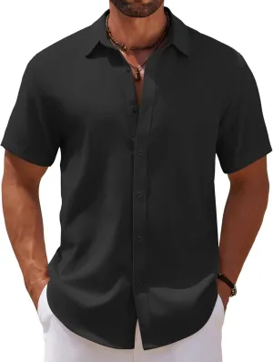 COOFANDY Men's Casual Summer Beach Shirt Short Sleeve Button Down Shirt Vacation Wedding Shirt Linen Textured Shirts