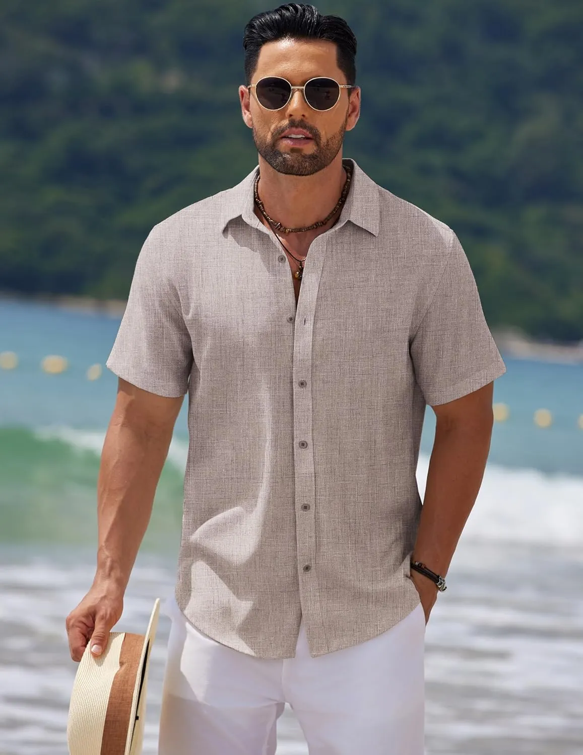 COOFANDY Men's Casual Summer Beach Shirt Short Sleeve Button Down Shirt Vacation Wedding Shirt Linen Textured Shirts