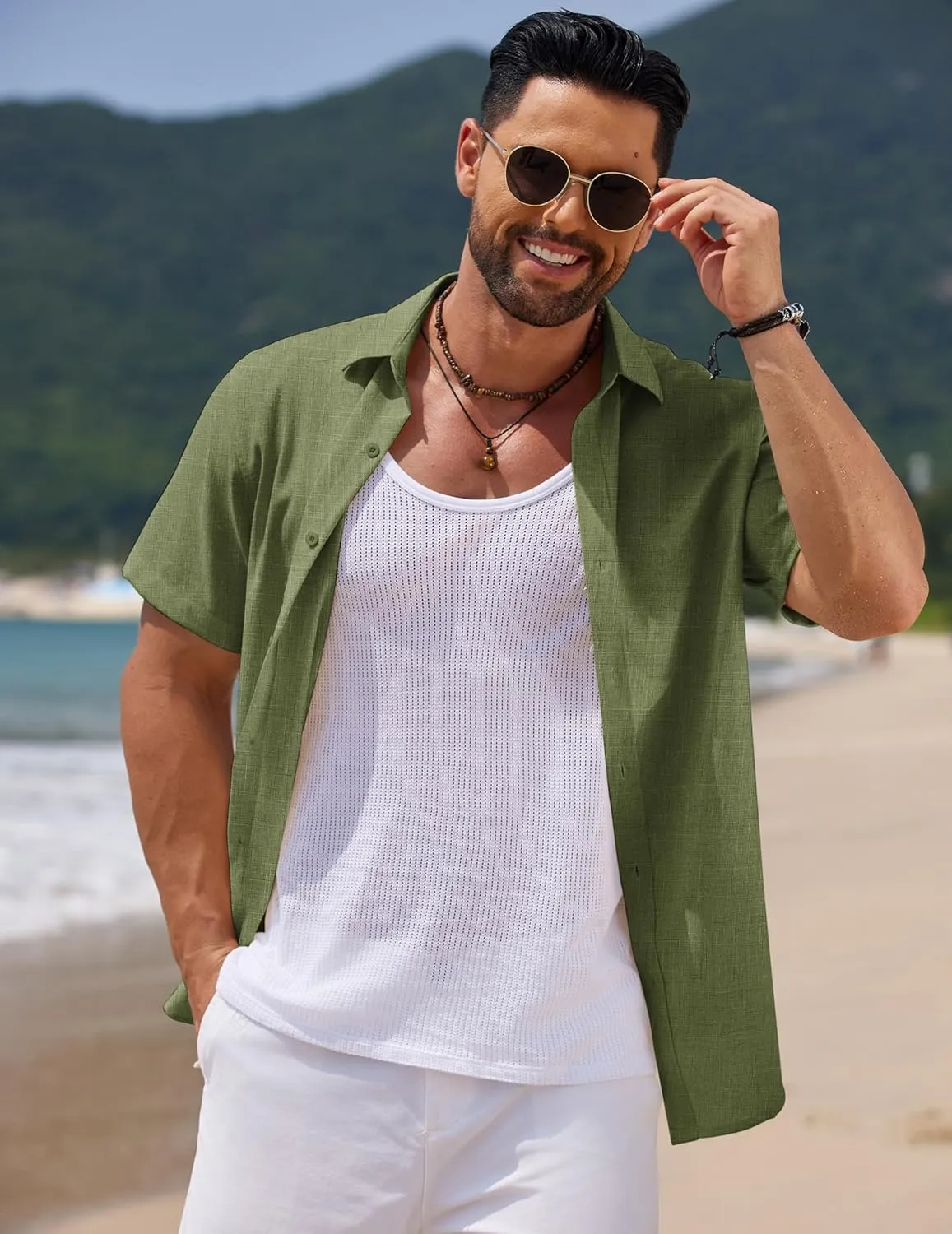 COOFANDY Men's Casual Summer Beach Shirt Short Sleeve Button Down Shirt Vacation Wedding Shirt Linen Textured Shirts