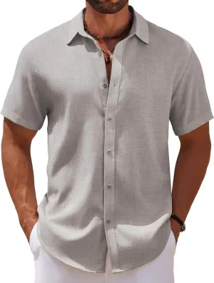 COOFANDY Men's Casual Summer Beach Shirt Short Sleeve Button Down Shirt Vacation Wedding Shirt Linen Textured Shirts