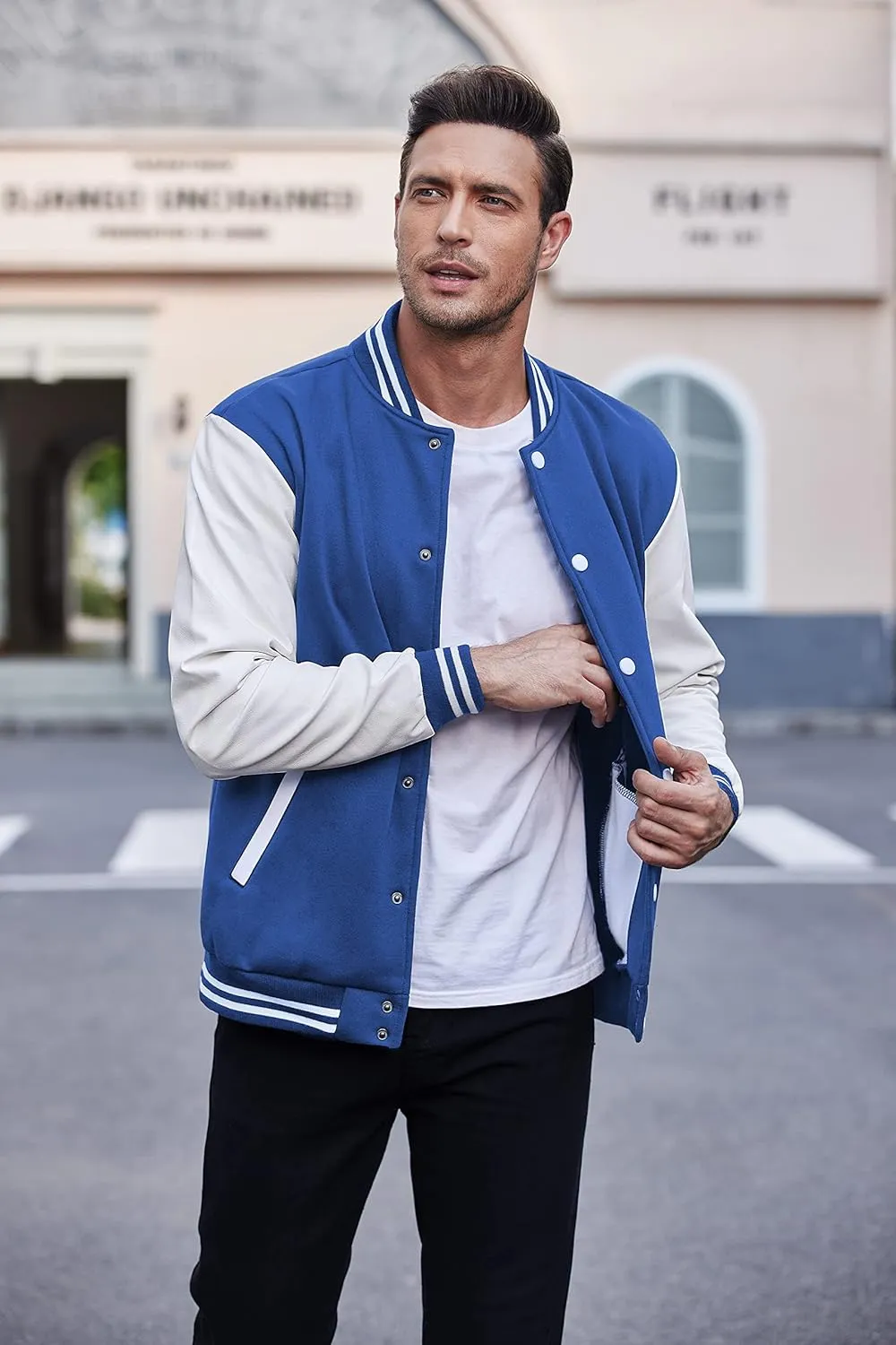 COOFANDY Mens Fashion Varsity Jackets Leather Sleeve Slim Fit College Baseball Letterman Bomber Coat