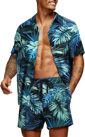 COOFANDY Men's Hawaiian Matching Set Summer Beach 2 Piece Outfits Flower Button Down Shirts and Shorts Vacation Outfits