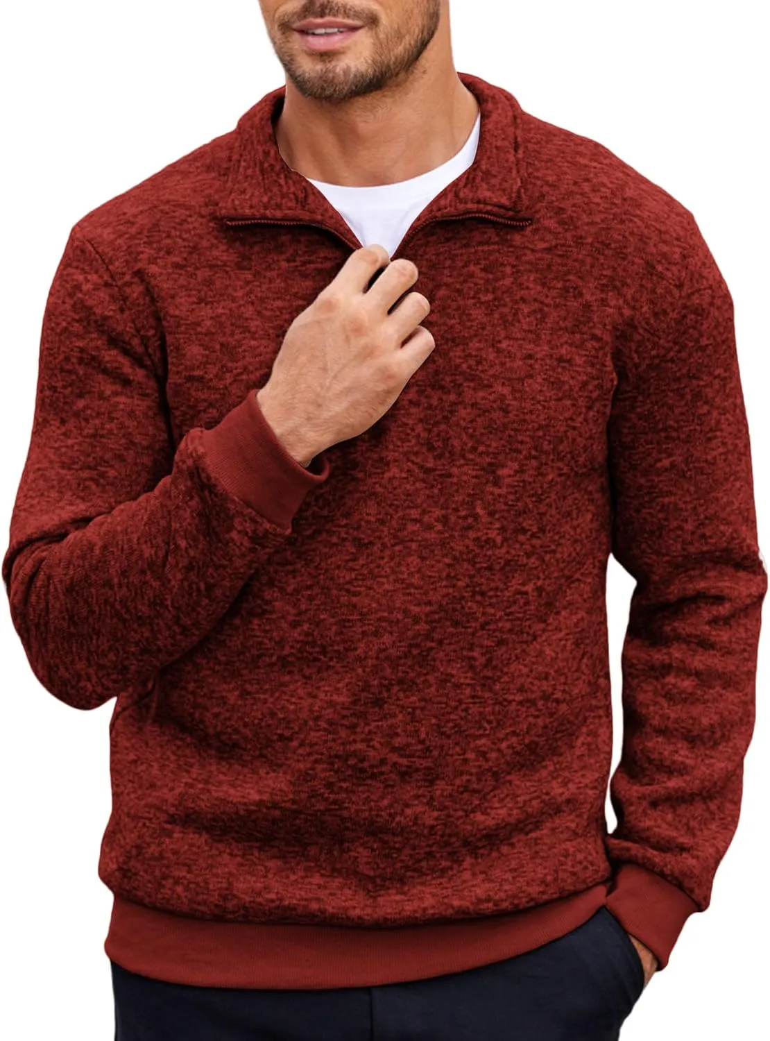 COOFANDY Men's Quarter Zip Pullover Casual Long Sleeve Sweater Slim Fit Sweater Mock Neck Polo Sweater