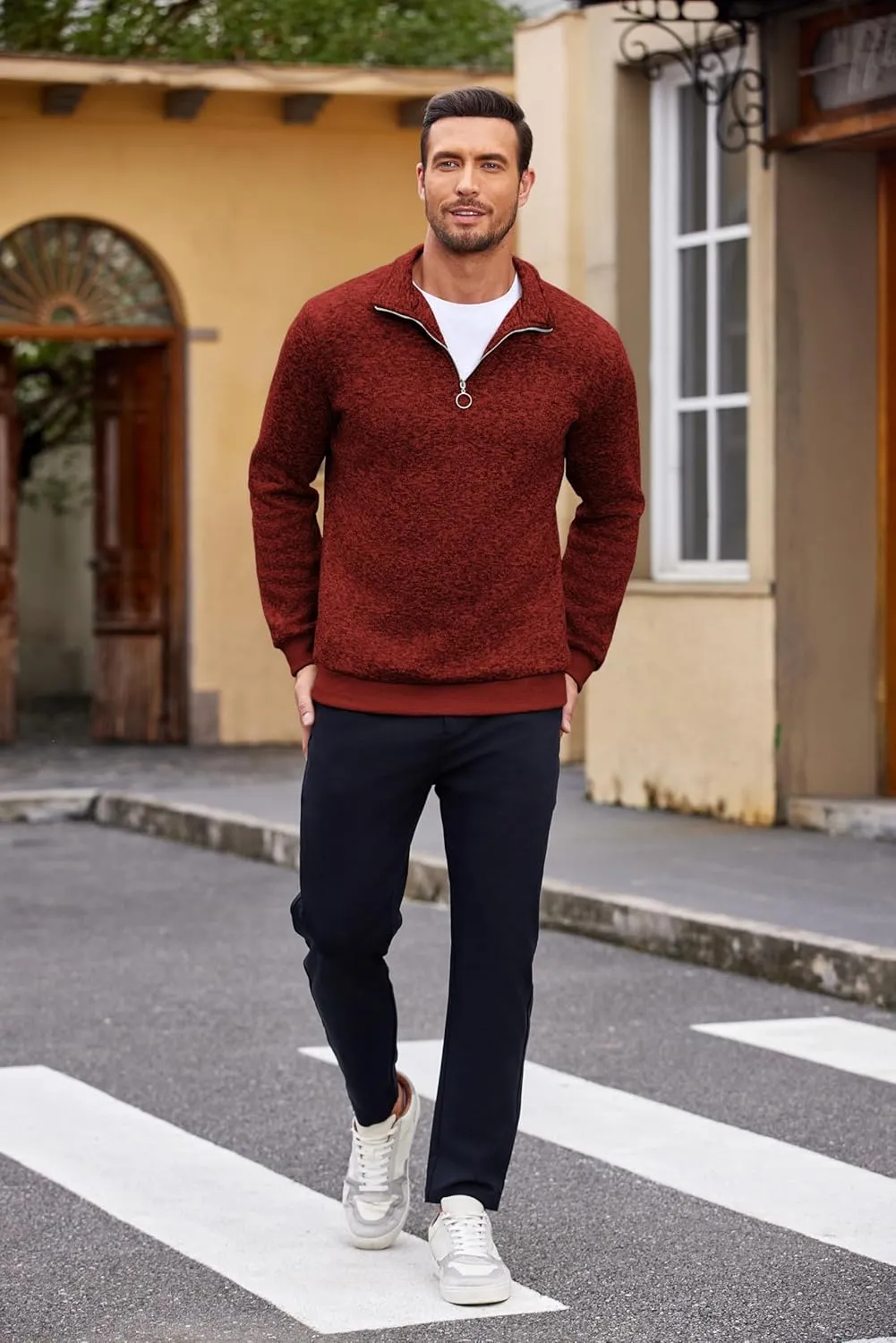COOFANDY Men's Quarter Zip Pullover Casual Long Sleeve Sweater Slim Fit Sweater Mock Neck Polo Sweater