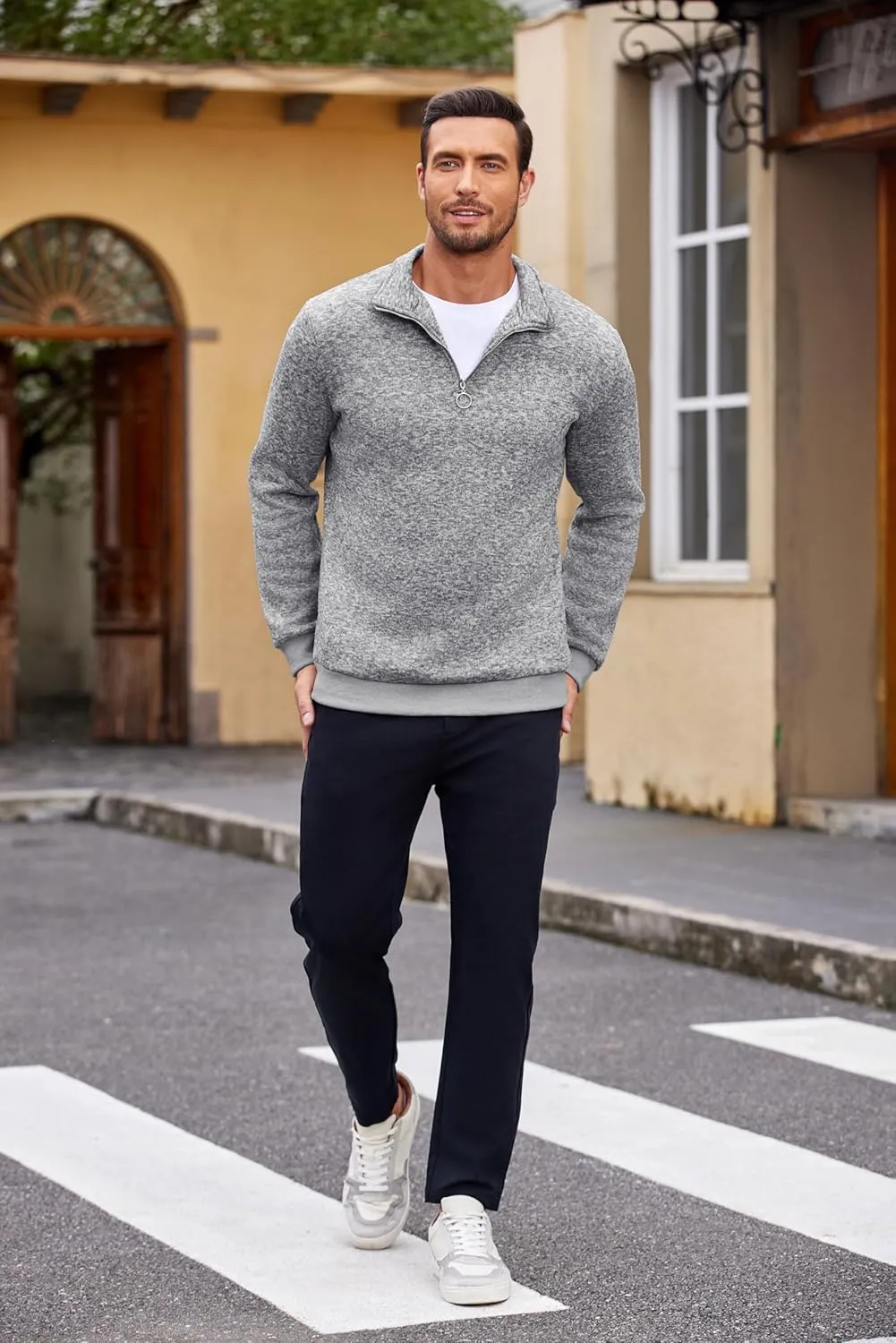 COOFANDY Men's Quarter Zip Pullover Casual Long Sleeve Sweater Slim Fit Sweater Mock Neck Polo Sweater