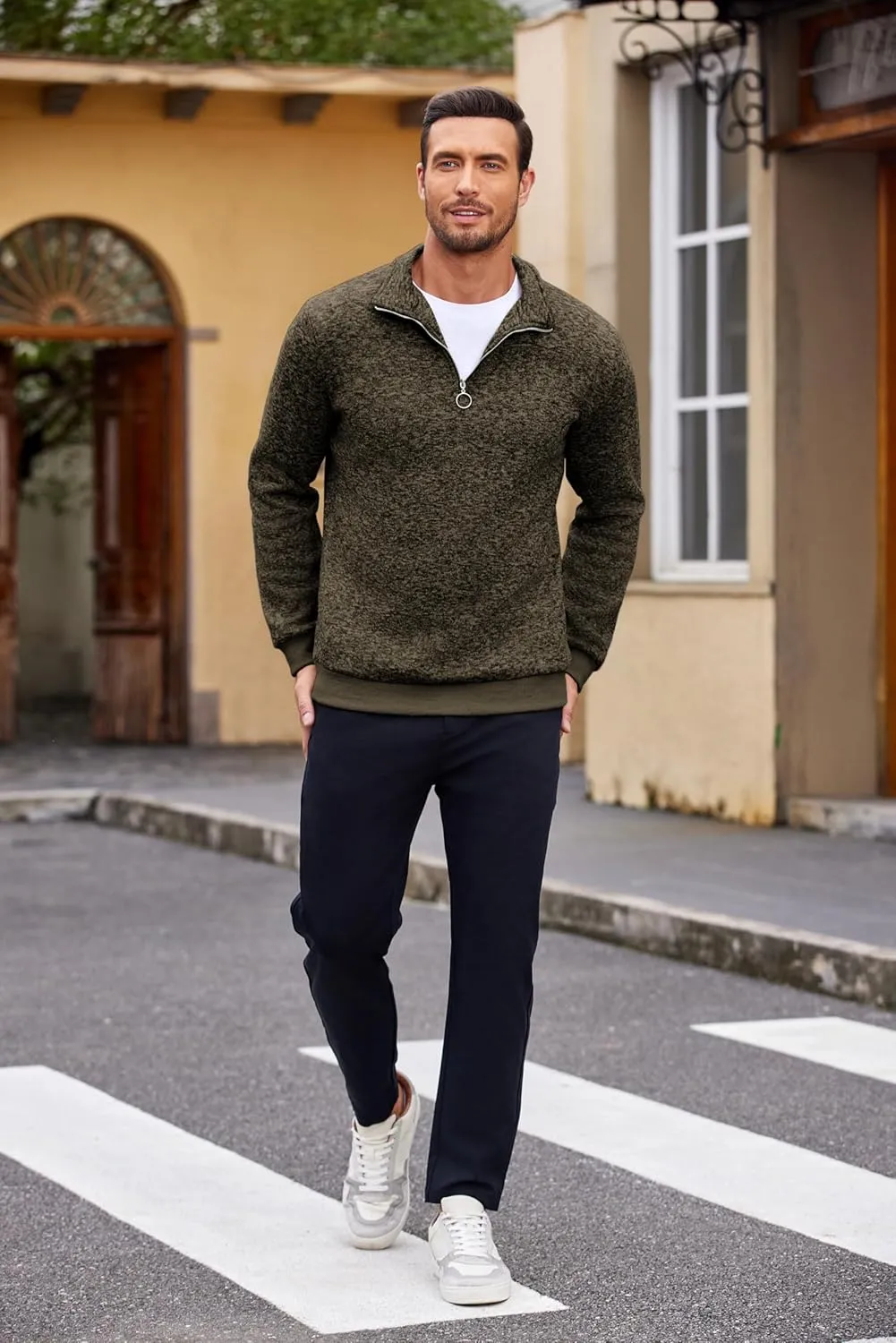 COOFANDY Men's Quarter Zip Pullover Casual Long Sleeve Sweater Slim Fit Sweater Mock Neck Polo Sweater