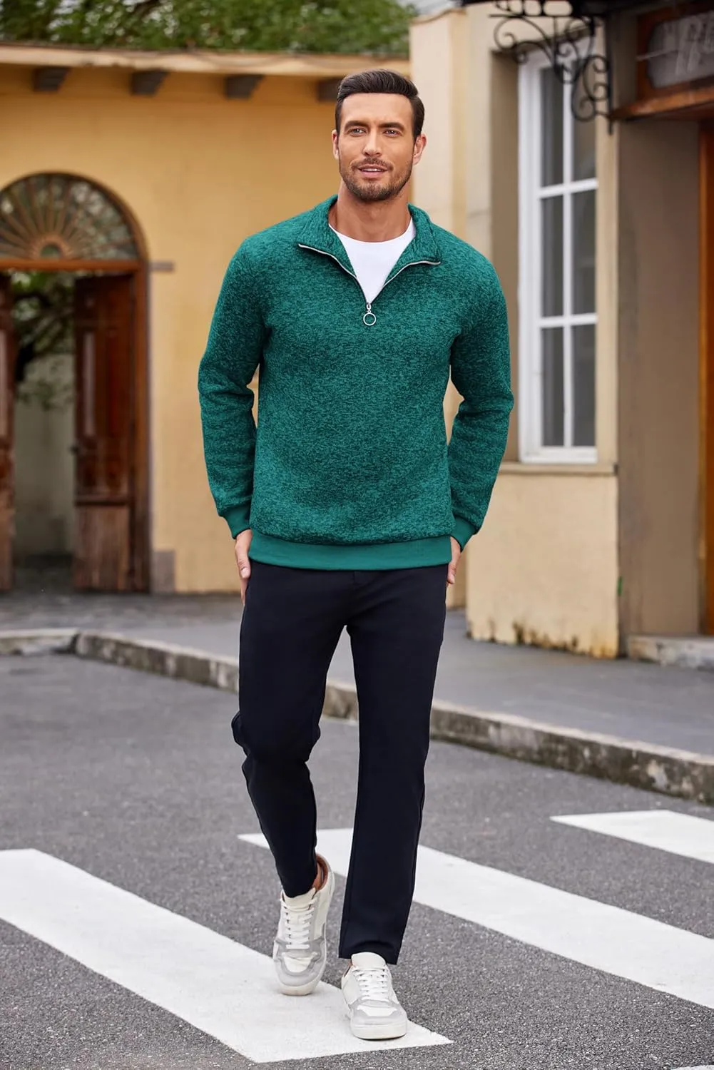 COOFANDY Men's Quarter Zip Pullover Casual Long Sleeve Sweater Slim Fit Sweater Mock Neck Polo Sweater