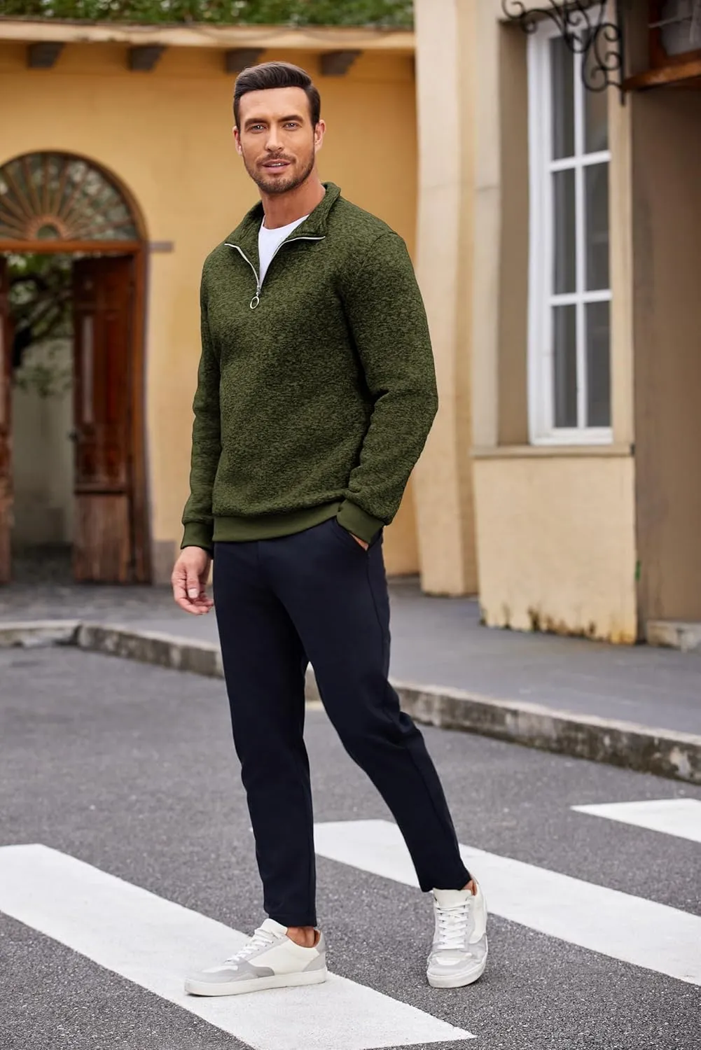 COOFANDY Men's Quarter Zip Pullover Casual Long Sleeve Sweater Slim Fit Sweater Mock Neck Polo Sweater