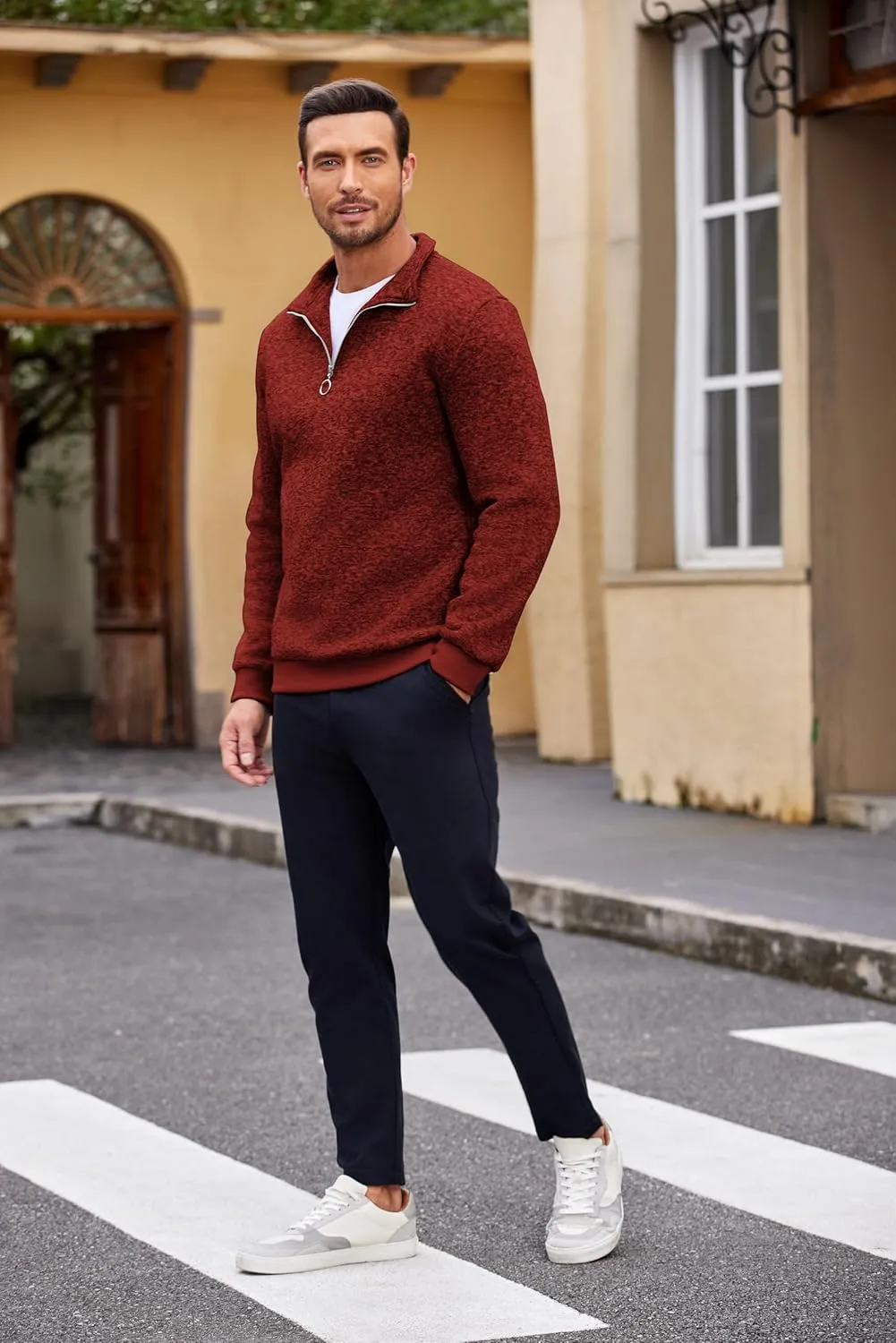 COOFANDY Men's Quarter Zip Pullover Casual Long Sleeve Sweater Slim Fit Sweater Mock Neck Polo Sweater