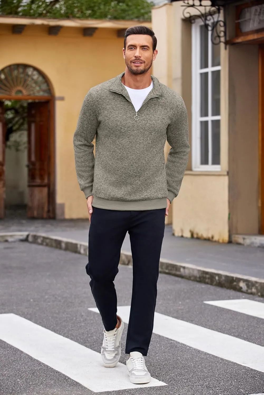 COOFANDY Men's Quarter Zip Pullover Casual Long Sleeve Sweater Slim Fit Sweater Mock Neck Polo Sweater