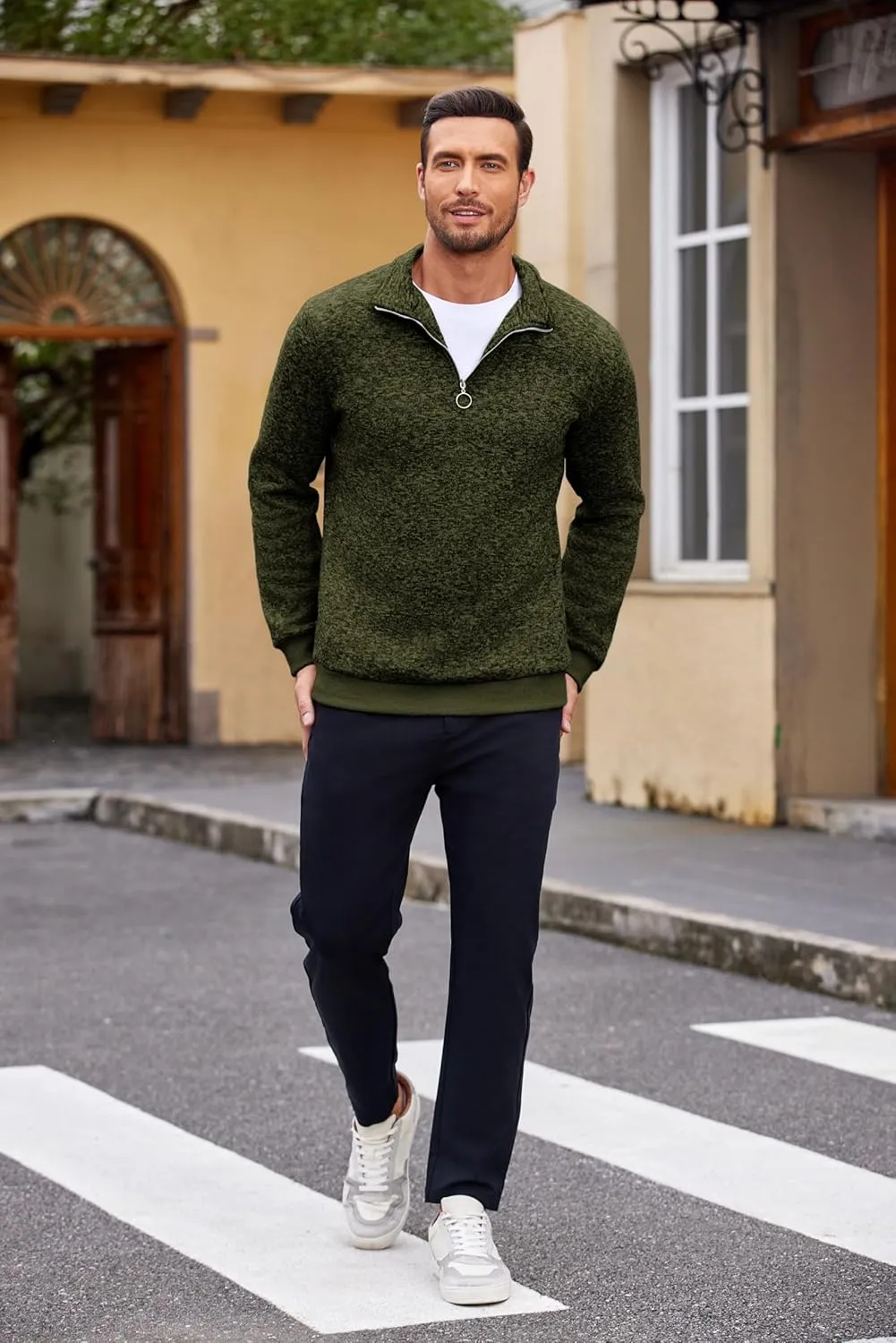 COOFANDY Men's Quarter Zip Pullover Casual Long Sleeve Sweater Slim Fit Sweater Mock Neck Polo Sweater