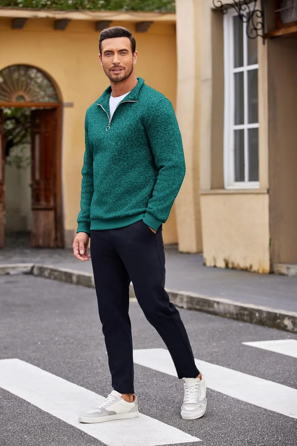 COOFANDY Men's Quarter Zip Pullover Casual Long Sleeve Sweater Slim Fit Sweater Mock Neck Polo Sweater