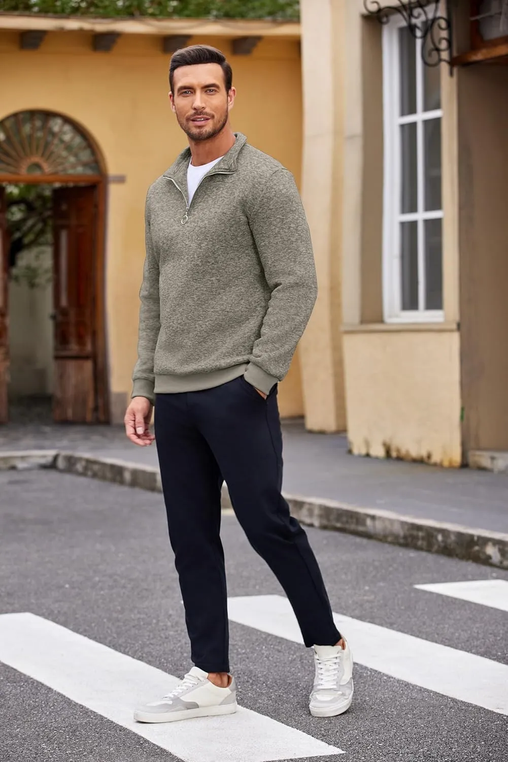 COOFANDY Men's Quarter Zip Pullover Casual Long Sleeve Sweater Slim Fit Sweater Mock Neck Polo Sweater
