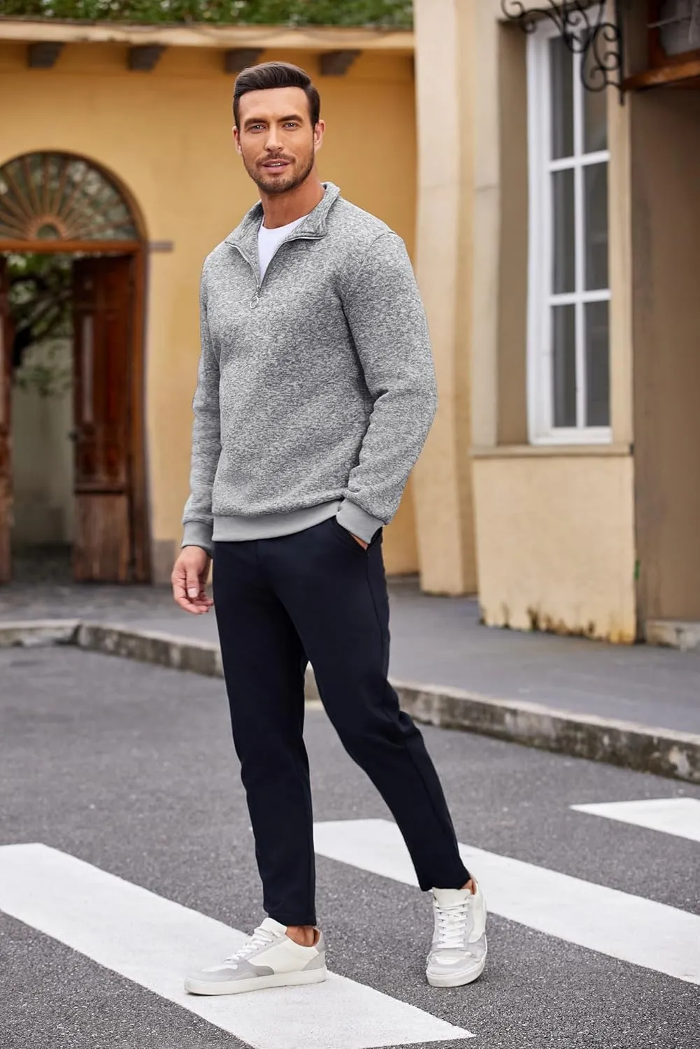 COOFANDY Men's Quarter Zip Pullover Casual Long Sleeve Sweater Slim Fit Sweater Mock Neck Polo Sweater