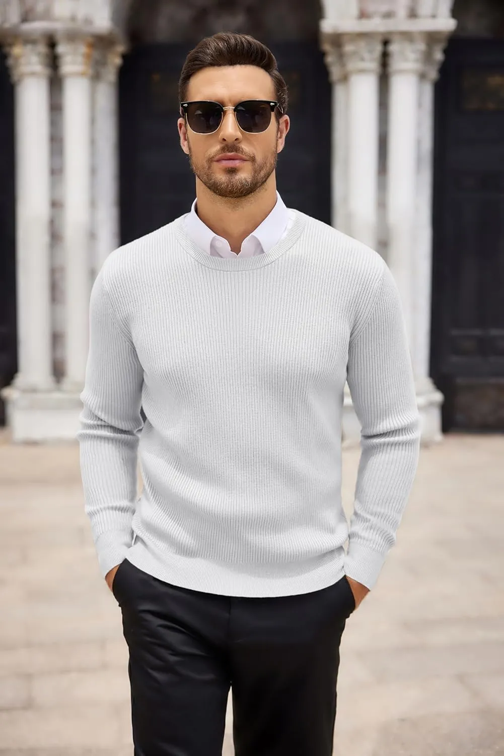 COOFANDY Men's Ribbed Crewneck Sweater Long Sleeve Slim Fit Knitted Pullover Sweater