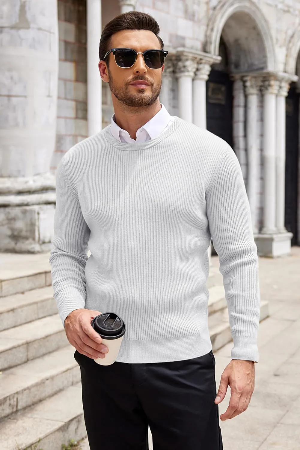 COOFANDY Men's Ribbed Crewneck Sweater Long Sleeve Slim Fit Knitted Pullover Sweater